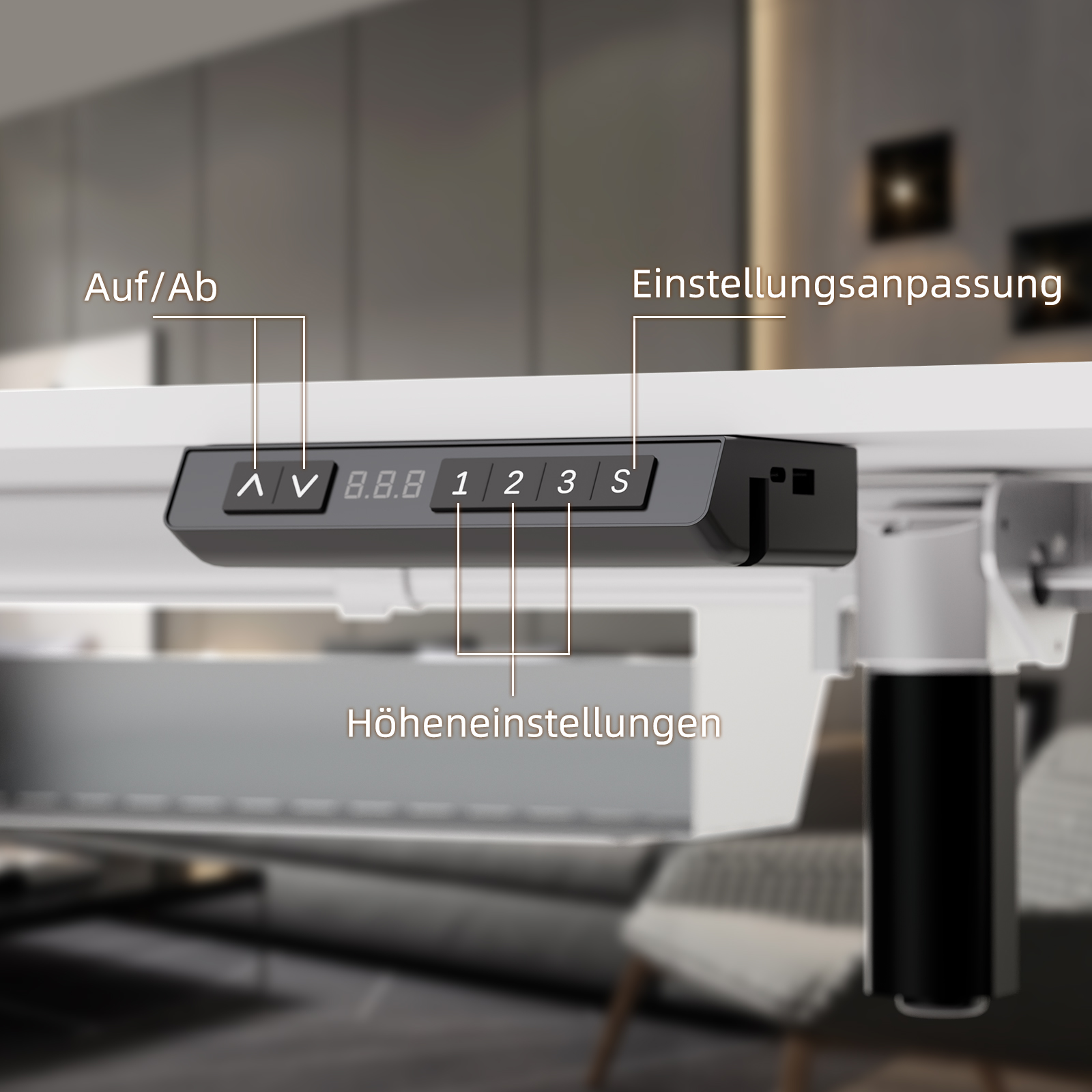 Bedienfeld eines Schreibtisches. Es hat Knöpfe mit Beschriftungen und ein Display.