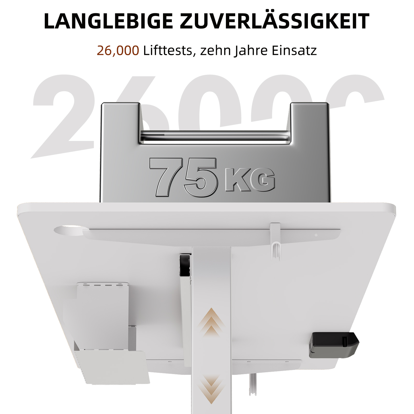 Weißer Schreibtisch mit Metallgewicht und Text über Lifttests.
