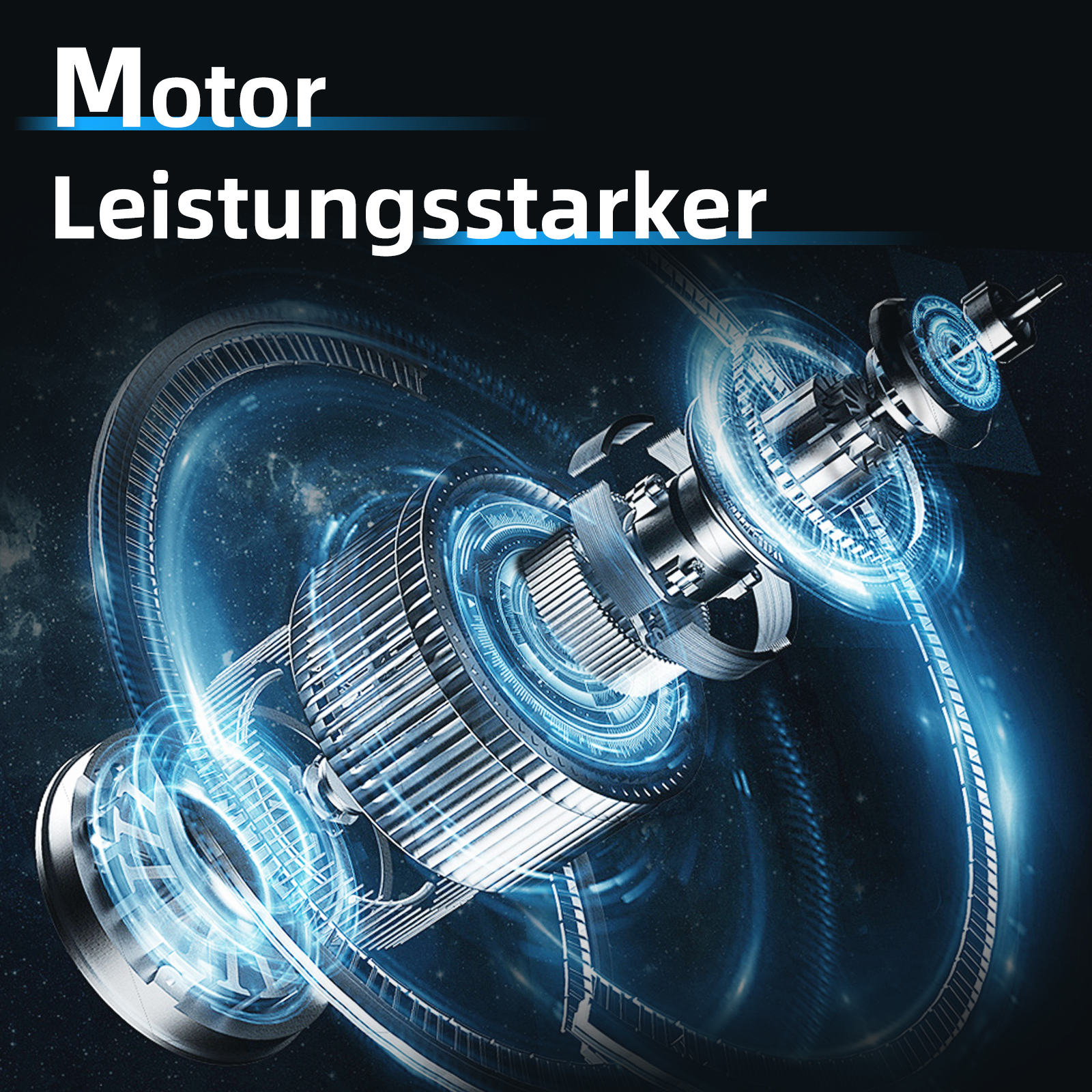 Anatomie eines Motors. Detaillierte Ansicht mit Zahnrädern und blauen Lichteffekten vor Sternenhimmel.