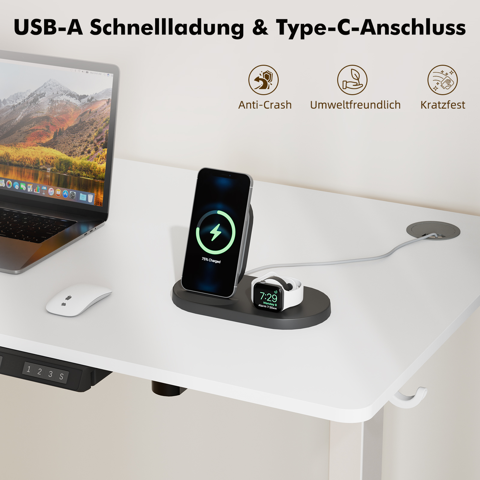 Weißer Schreibtisch mit Laptop, Telefon auf Ladegerät und Smartwatch. USB- und Typ-C-Anschlüsse.