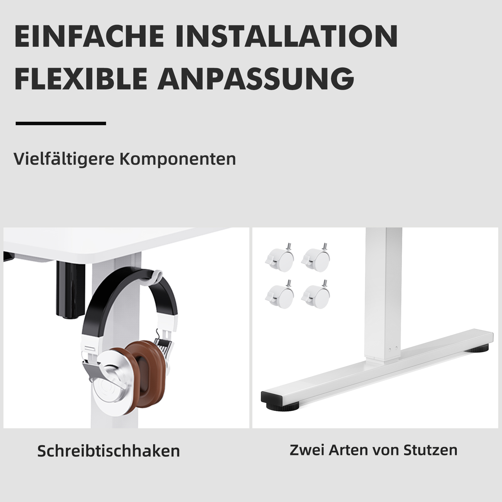 Bilder und Text über Komponenten. Kopfhörer an einem Haken, Räder und eine Halterung.