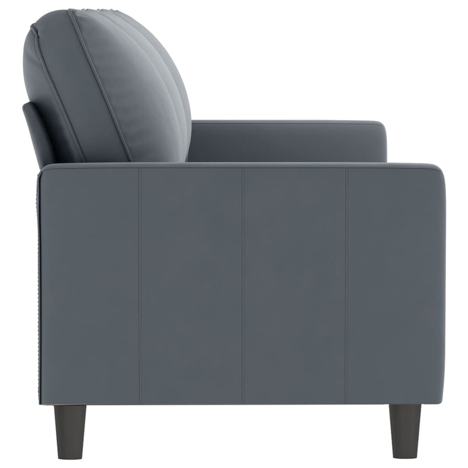 Eine Seitenansicht eines grauen Sofas mit zwei Kissen und dunklen Holzbeinen auf weißem Hintergrund.