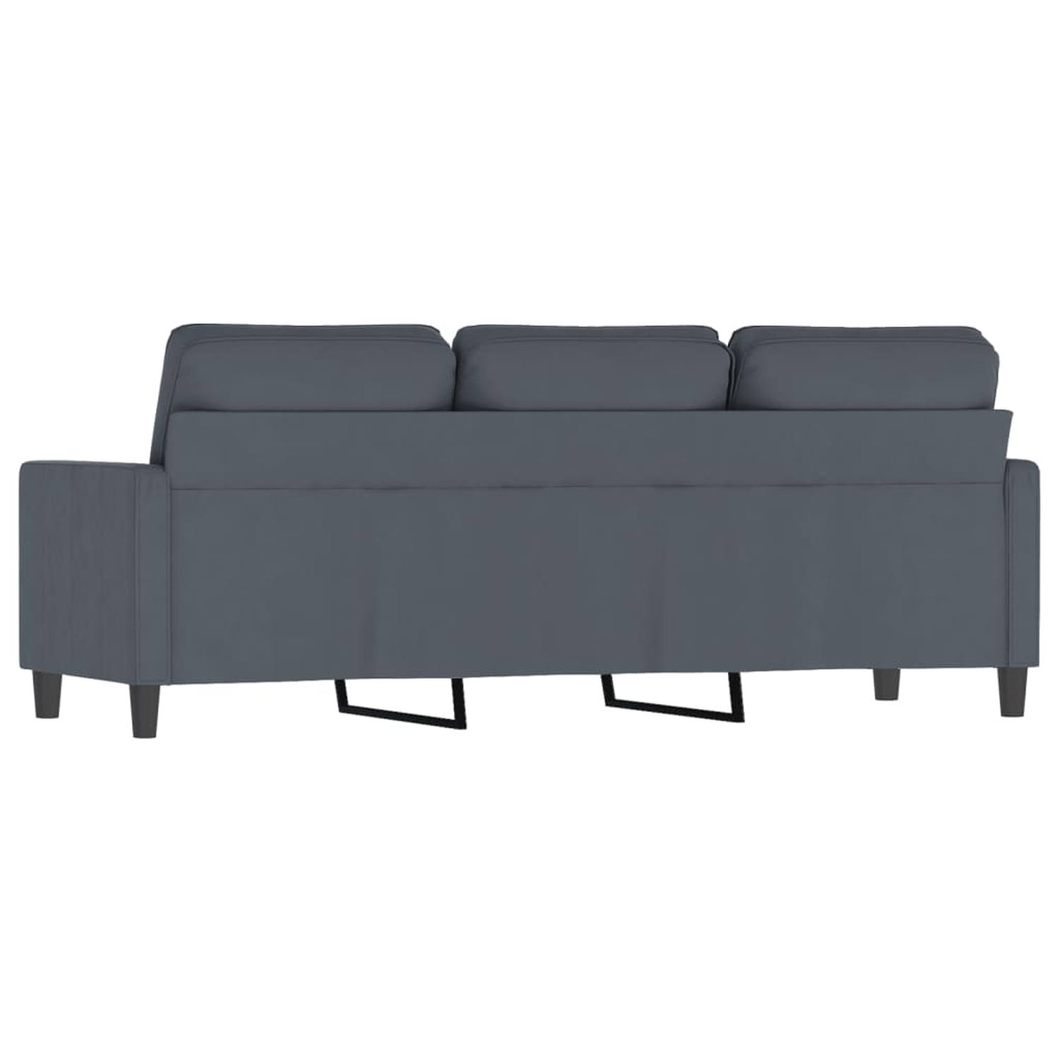 Ein graues Dreisitzer-Sofa von hinten. Die Rückenlehne hat drei Kissen.