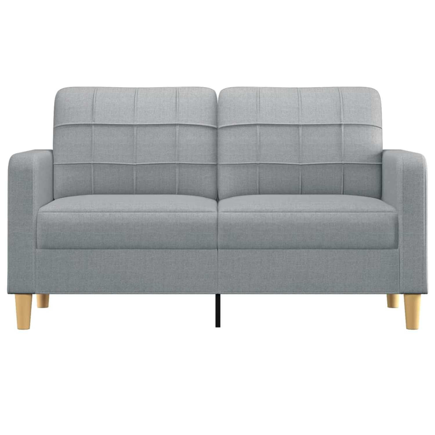 Ein kleines graues Sofa mit zwei Kissen und hellen Holzbeinen auf weißem Hintergrund.