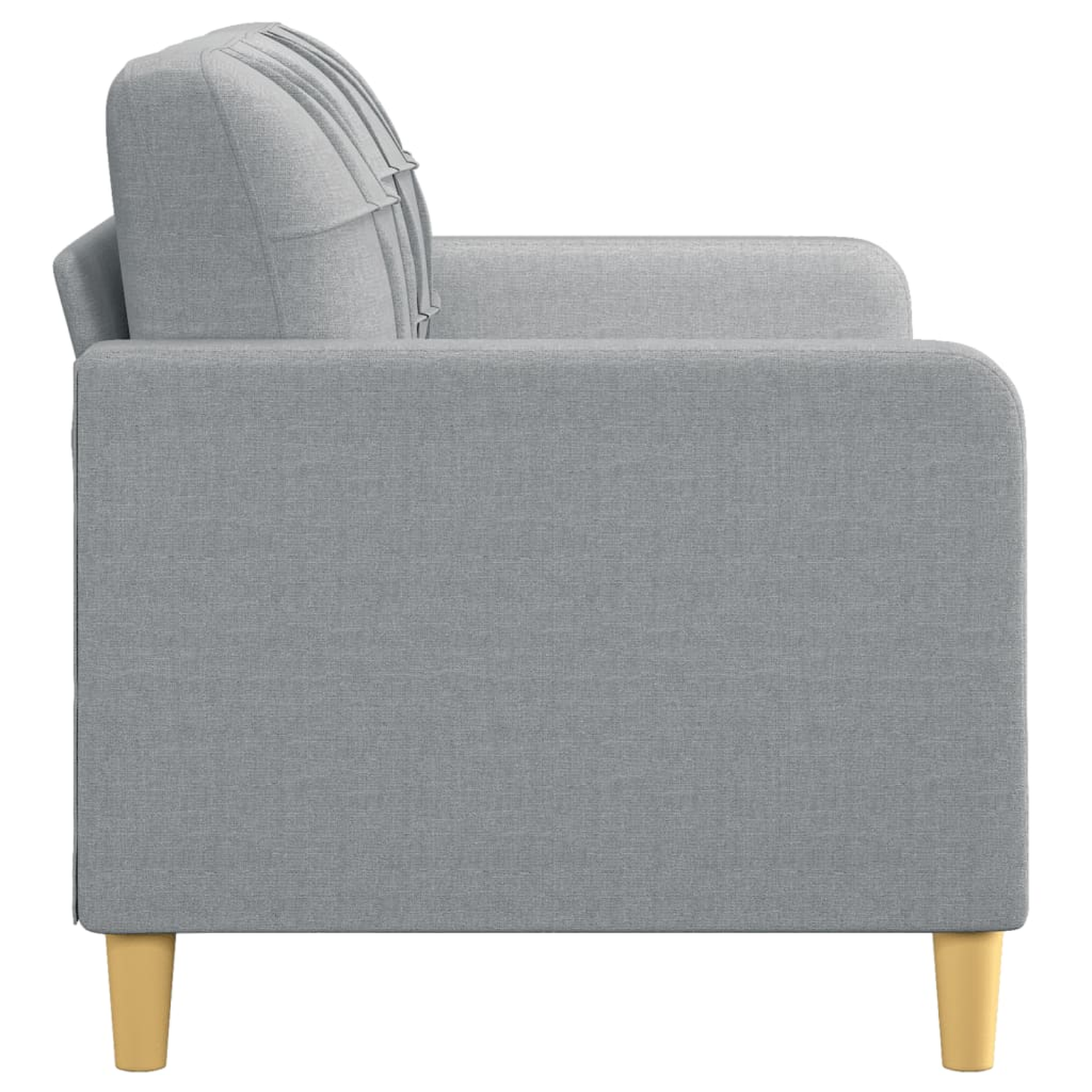 Ein graues Sofa im Profil mit Holzbeinen.