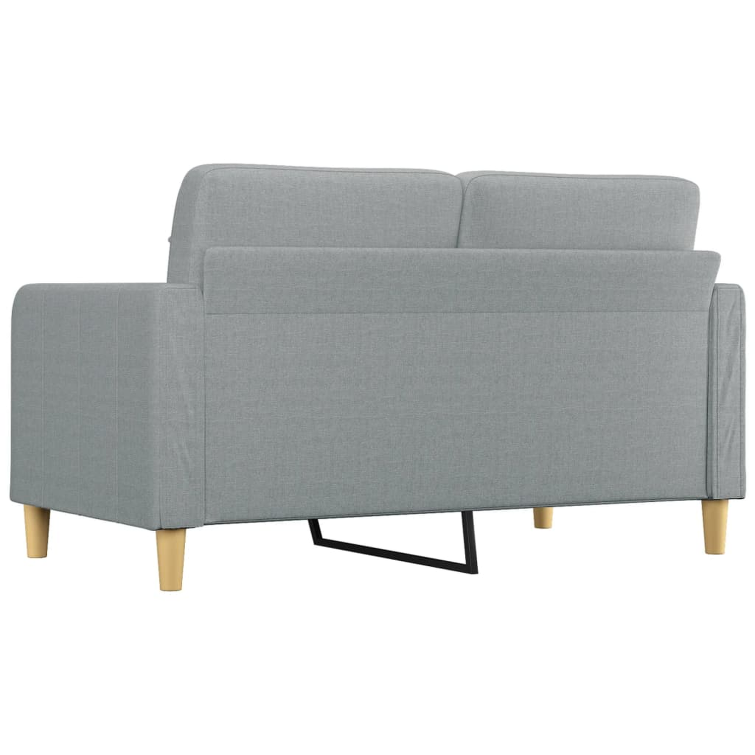 Rückansicht eines hellgrauen Sofas mit Holzbeinen.