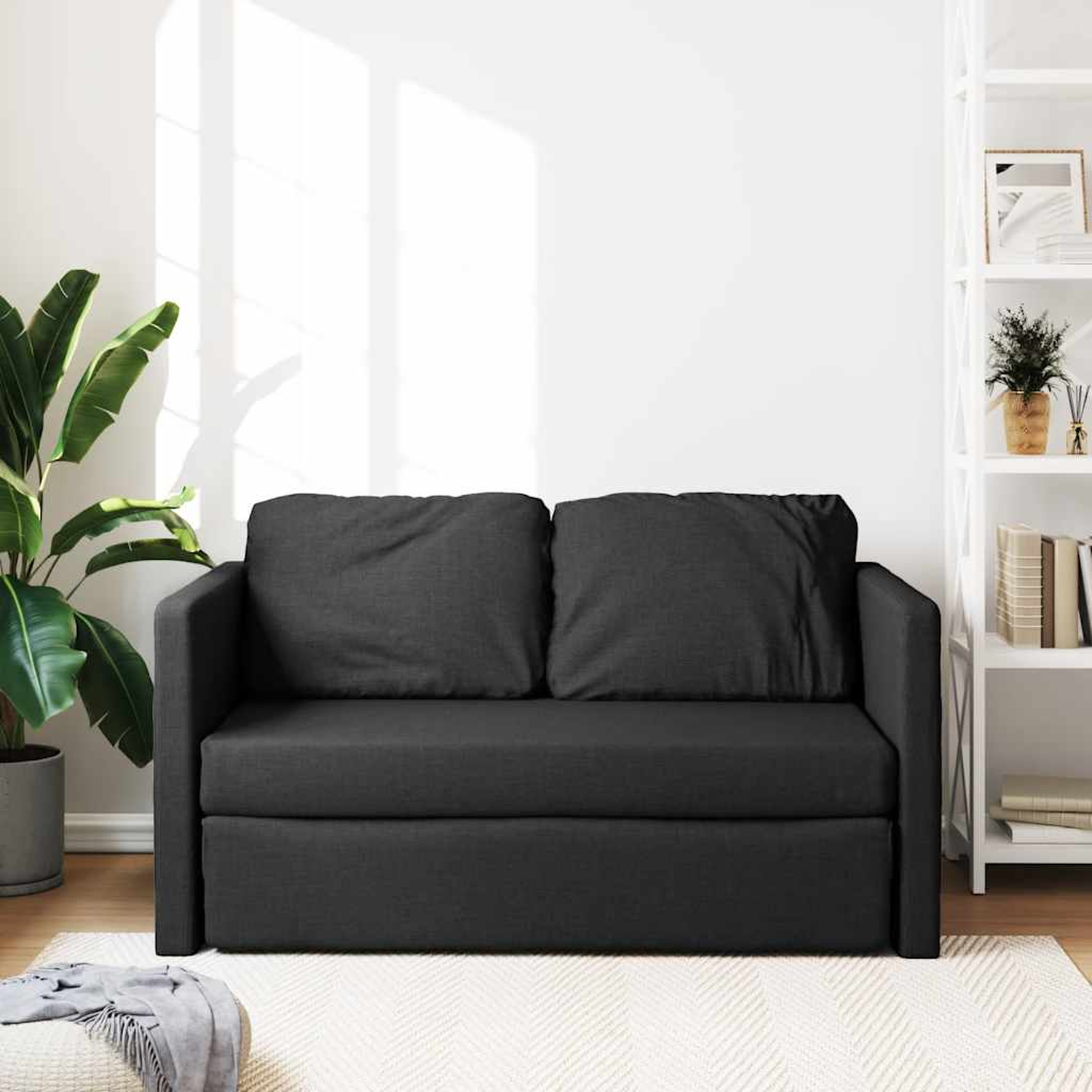 Ein schwarzes Sofa mit zwei Kissen, einem Teppich und einer Pflanze, weißer Wandhintergrund.