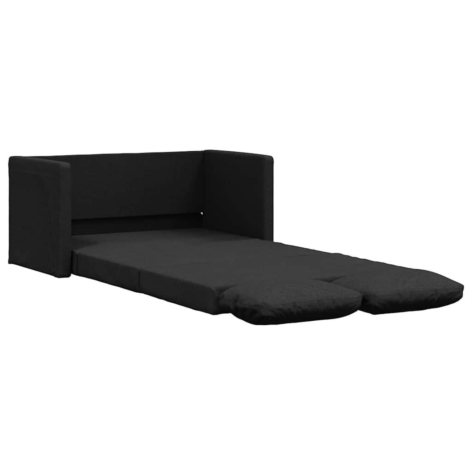 Schwarzes Schlafsofa. Die Rückenlehne ist aufrecht. Der Sitz ist ausgezogen. Die Farbe ist schwarz.