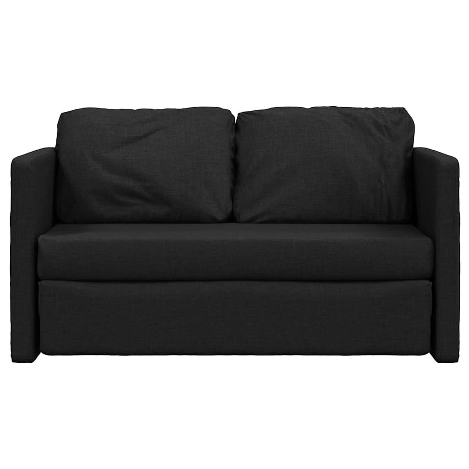 Schwarzes Zweisitzer-Sofa mit zwei Rückenkissen und breiten Armlehnen.