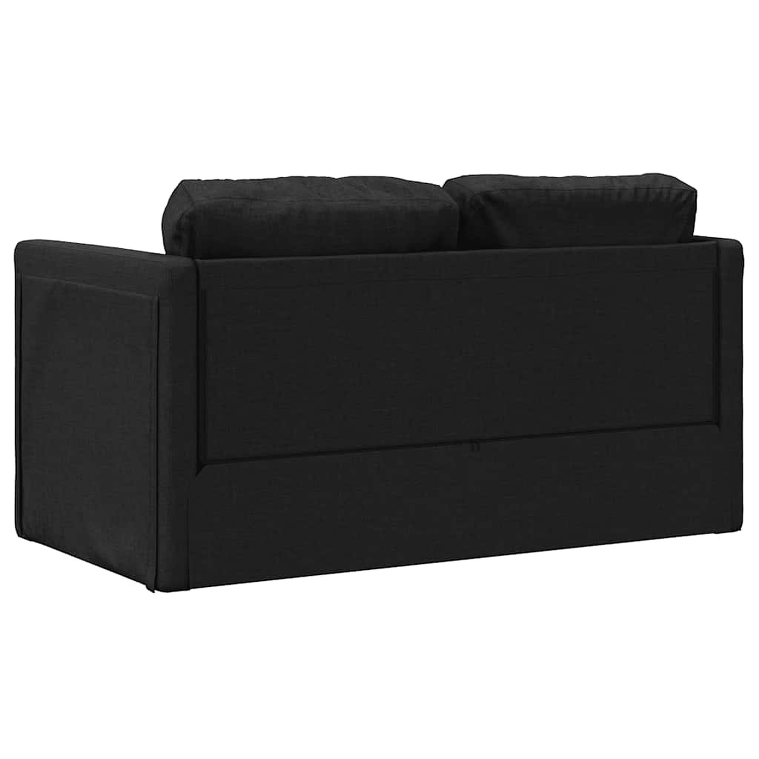 Ein schwarzes Sofa, von hinten betrachtet, mit zwei Kissen und Stauraum.