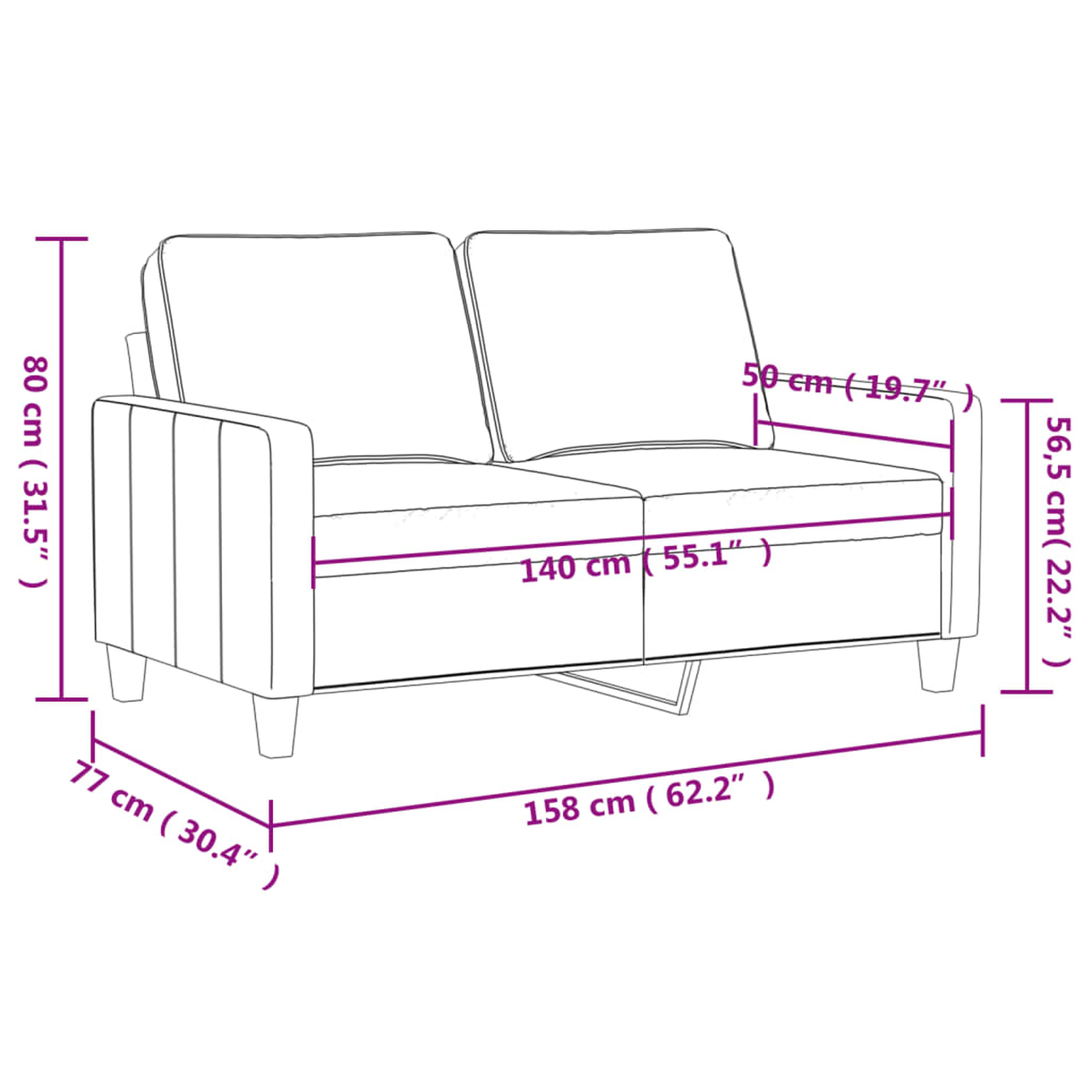 Ein Diagramm eines Sofas mit Abmessungen, das Länge, Breite und Höhe zeigt.