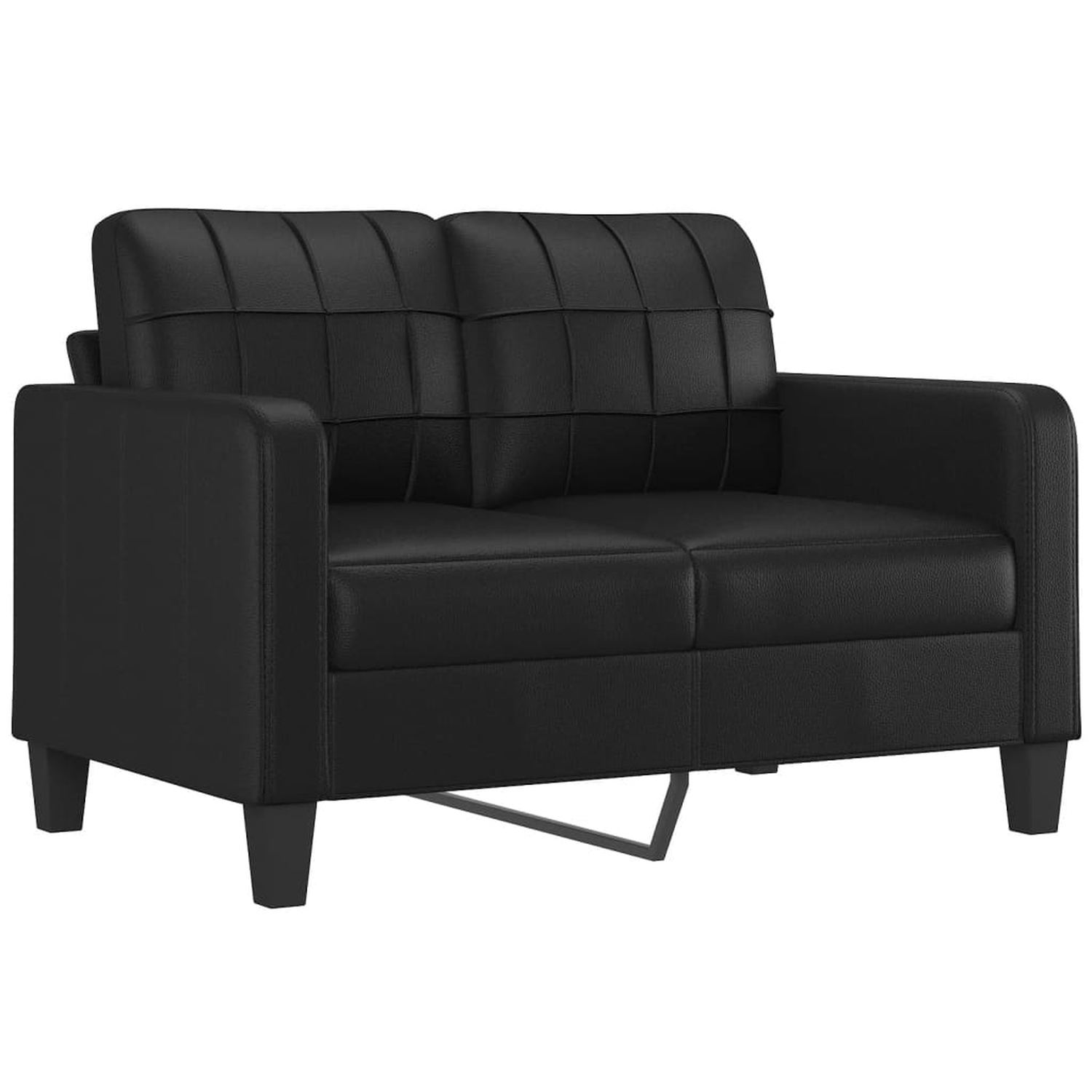 Ein schwarzes Zweisitzer-Sofa mit quadratischem Muster und Holzbeinen, auf weißem Hintergrund.