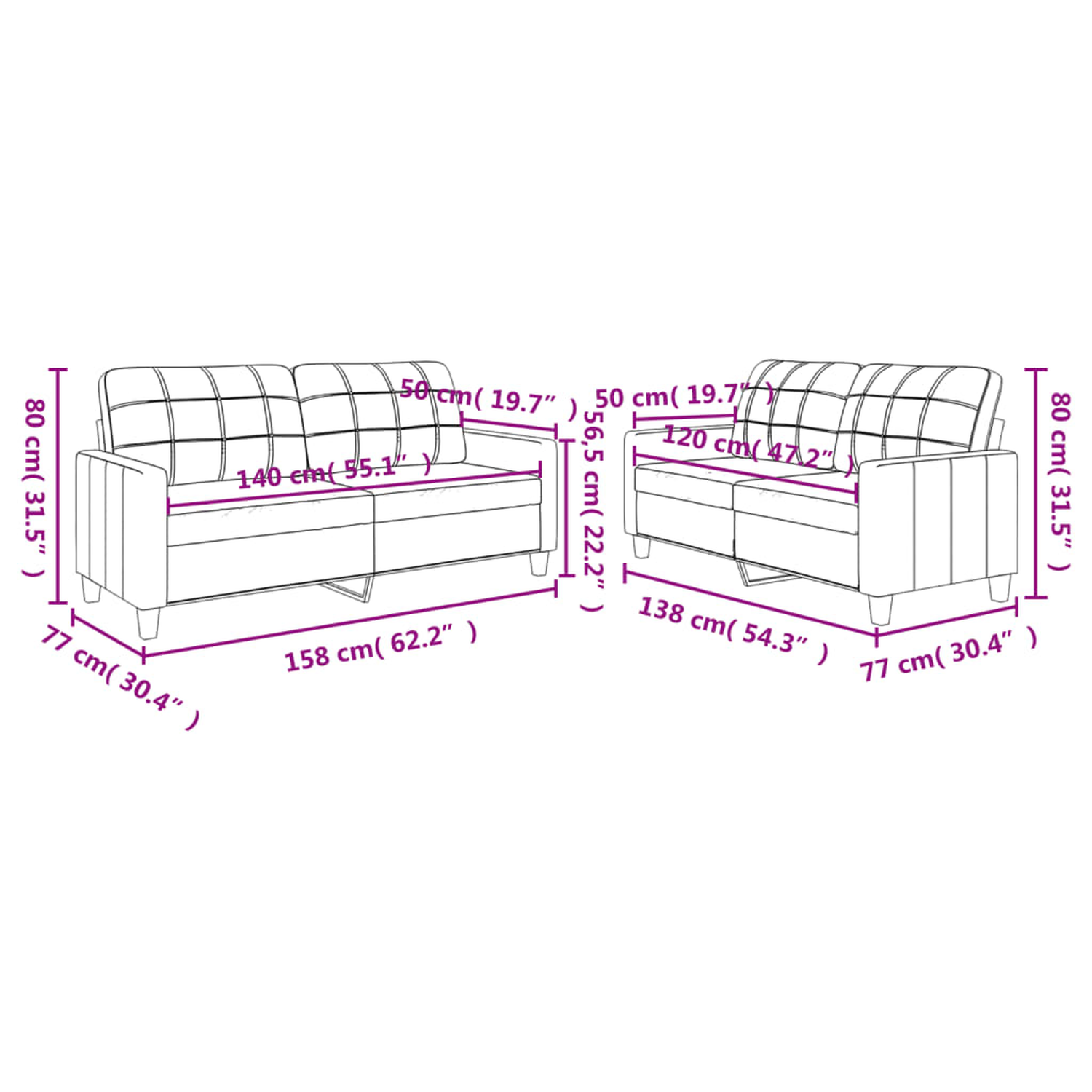 Diagramm von zwei Sofas mit Maßen. Beige Farbe, mit Abmessungen in Zentimetern.