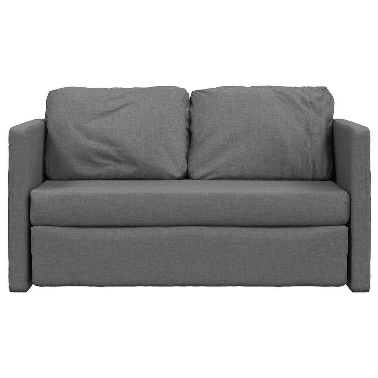 Graues Schlafsofa mit zwei Kissen. Weißer Hintergrund. Das Sofa ist zusammengeklappt.