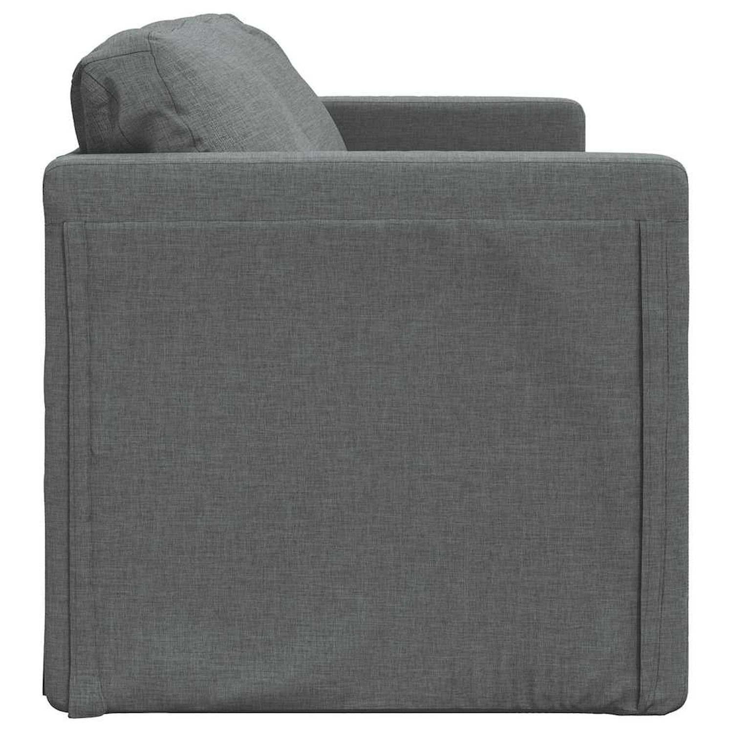 Ein graues Sofa von der Seite. Es hat ein Kissen und eine Armlehne. Weißer Hintergrund.