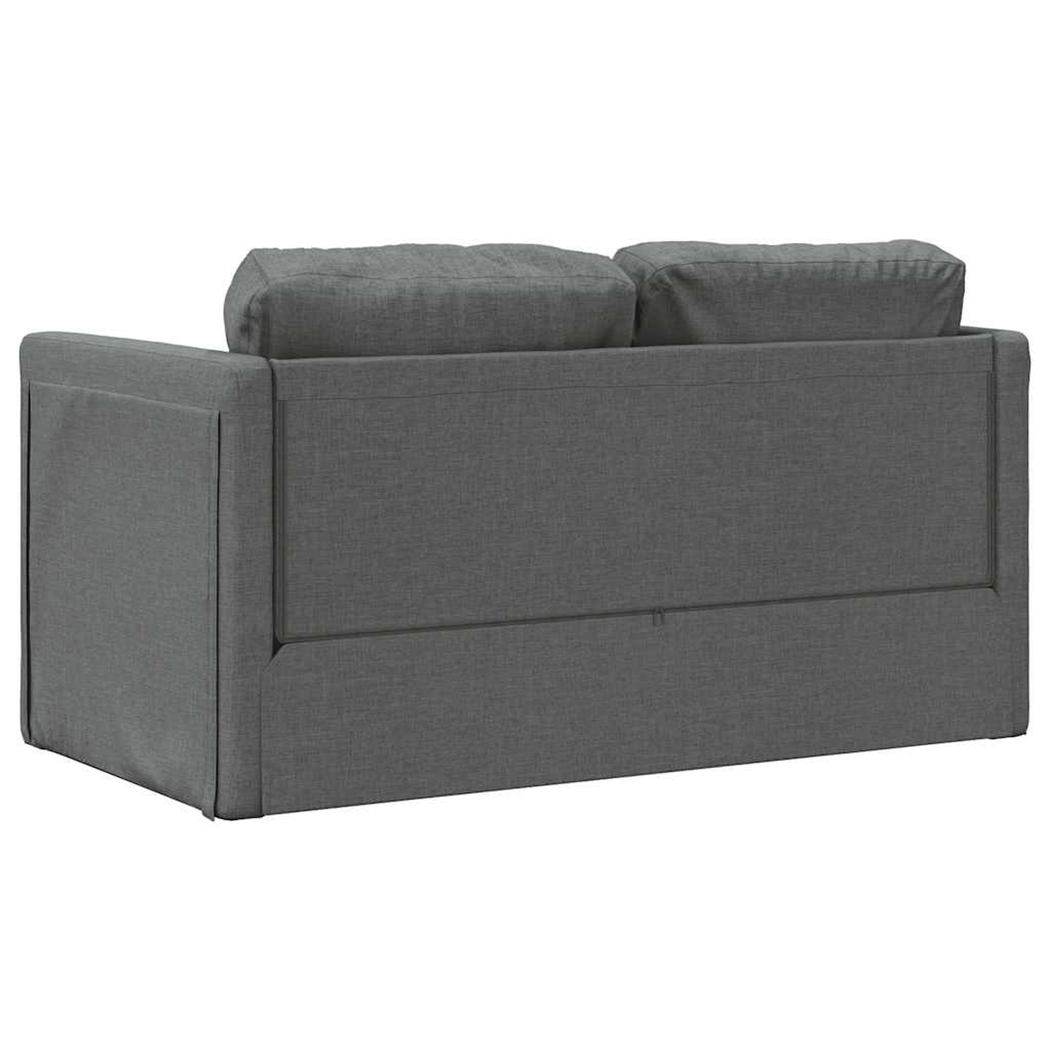 Rückansicht eines dunkelgrauen Sofas mit zwei Kissen.