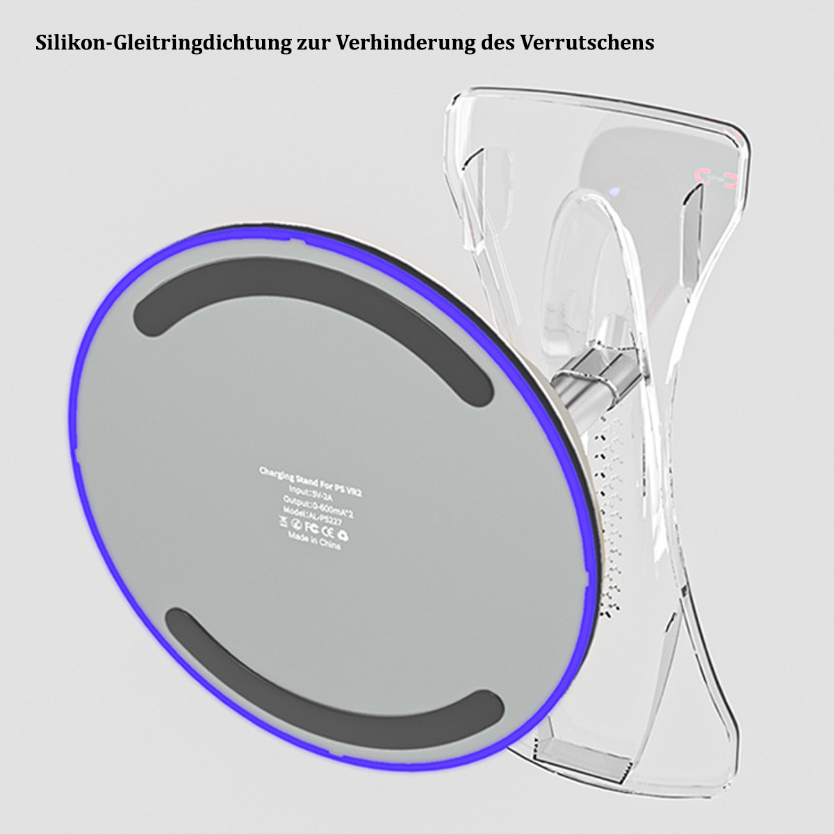 Ein klarer Kunststoff-Ladeständer mit blauem Rand und grauem Innenraum.