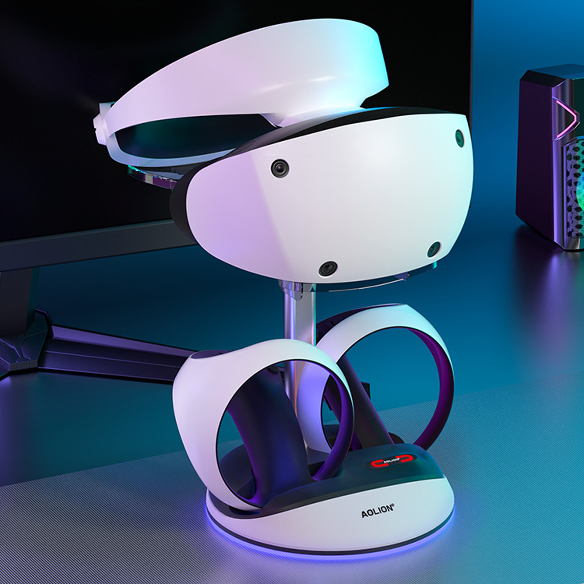 Ein VR-Headset und Controller auf einer Ladestation. Das Setup ist weiß und schwarz mit blauer Beleuchtung.