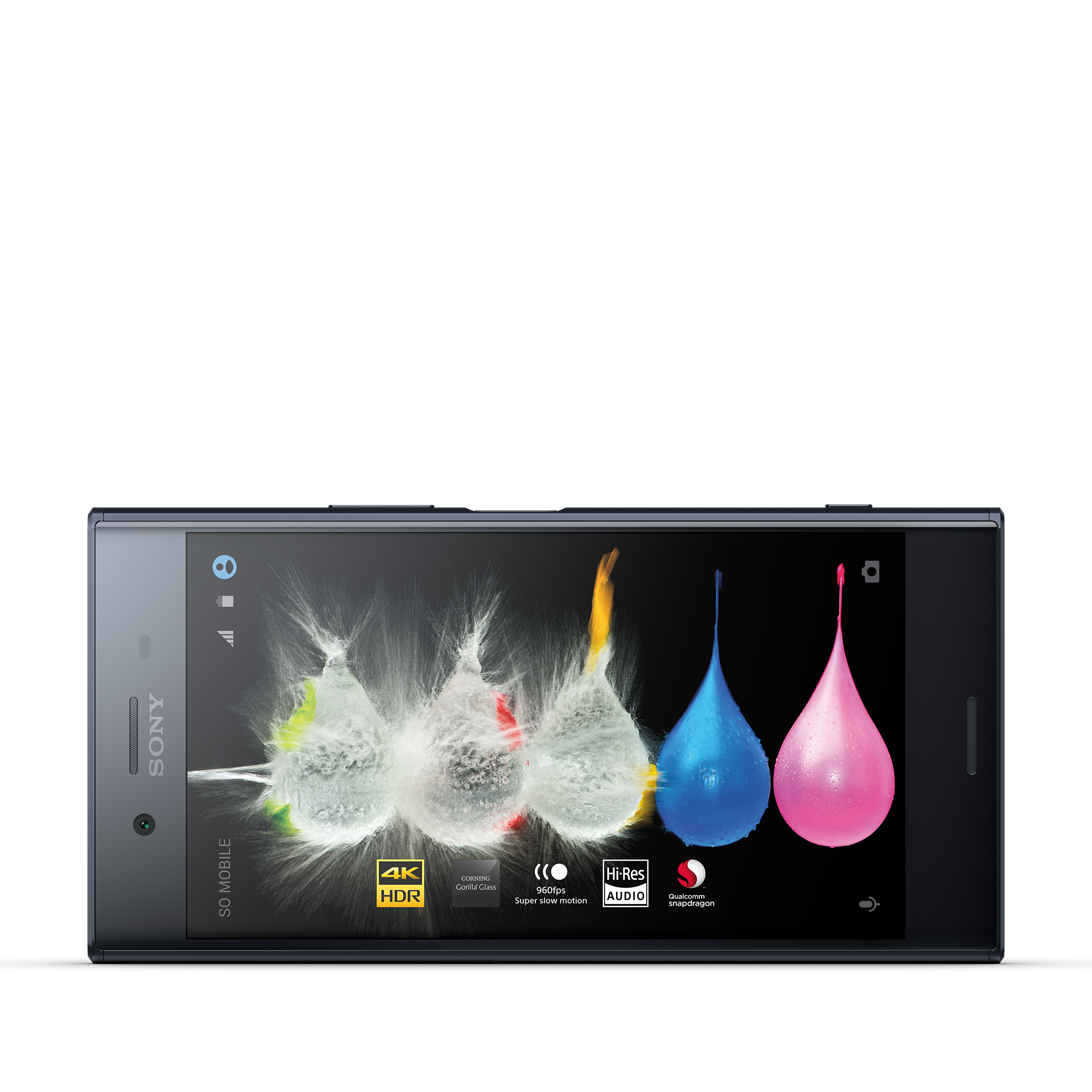 Ekran telefonu Sony z wybuchającymi balonami z wodą. 4K HDR, zwolnione tempo i inne funkcje.
