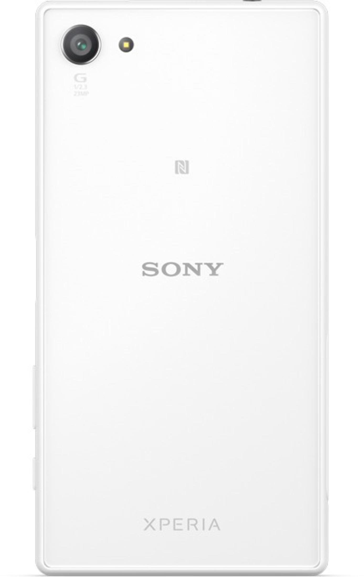 Die Rückseite eines weißen Sony Xperia-Telefons. Es hat eine Kamera, einen Blitz, das Sony-Logo und Xperia-Text.