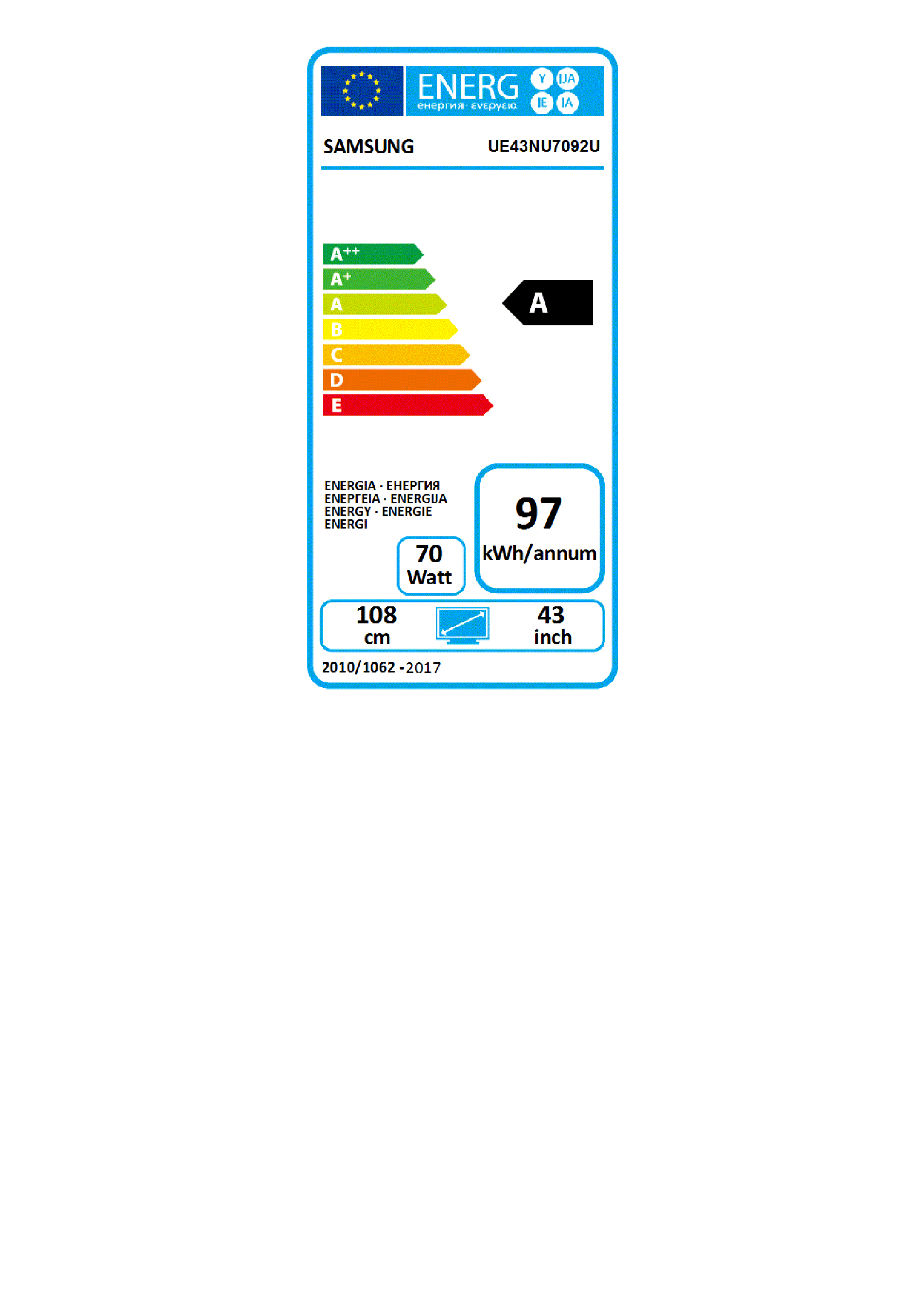Etichetta energetica per un televisore Samsung, che mostra la classe di efficienza energetica A e altri dati.