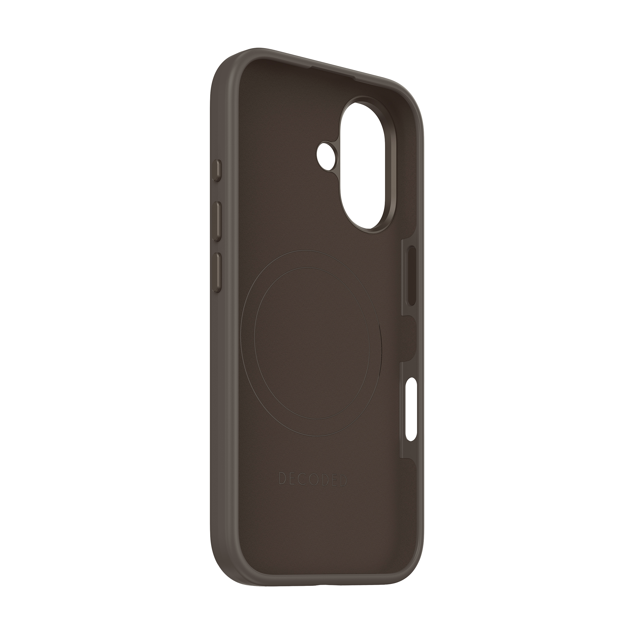 Bruine telefoonhoes met een cirkelvormige uitsparing aan de binnenkant, zijaanzicht, voor een smartphone.
