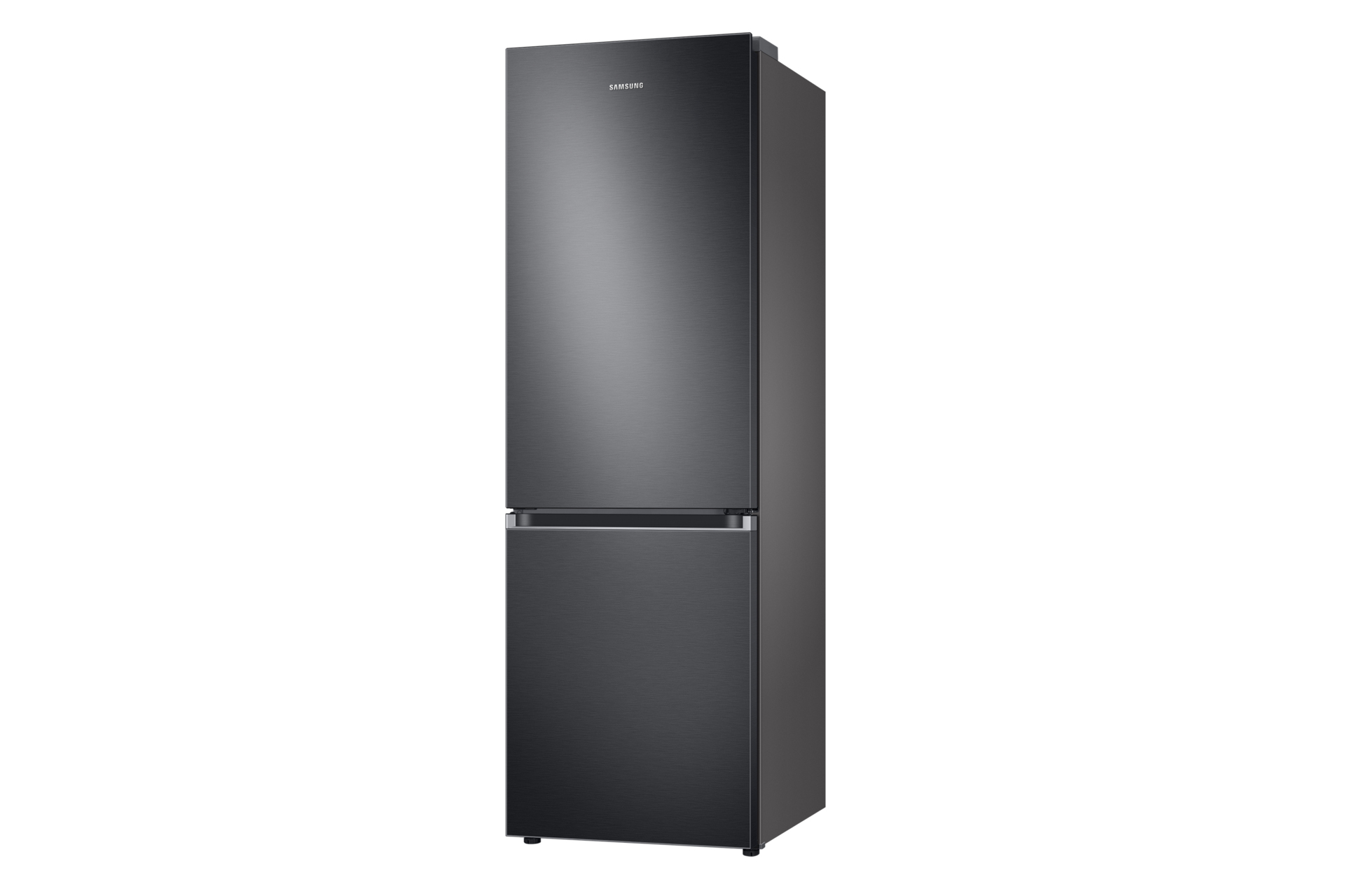 Ein schwarzer Kühlschrank mit zwei Türen, die untere Tür kleiner als die obere.
