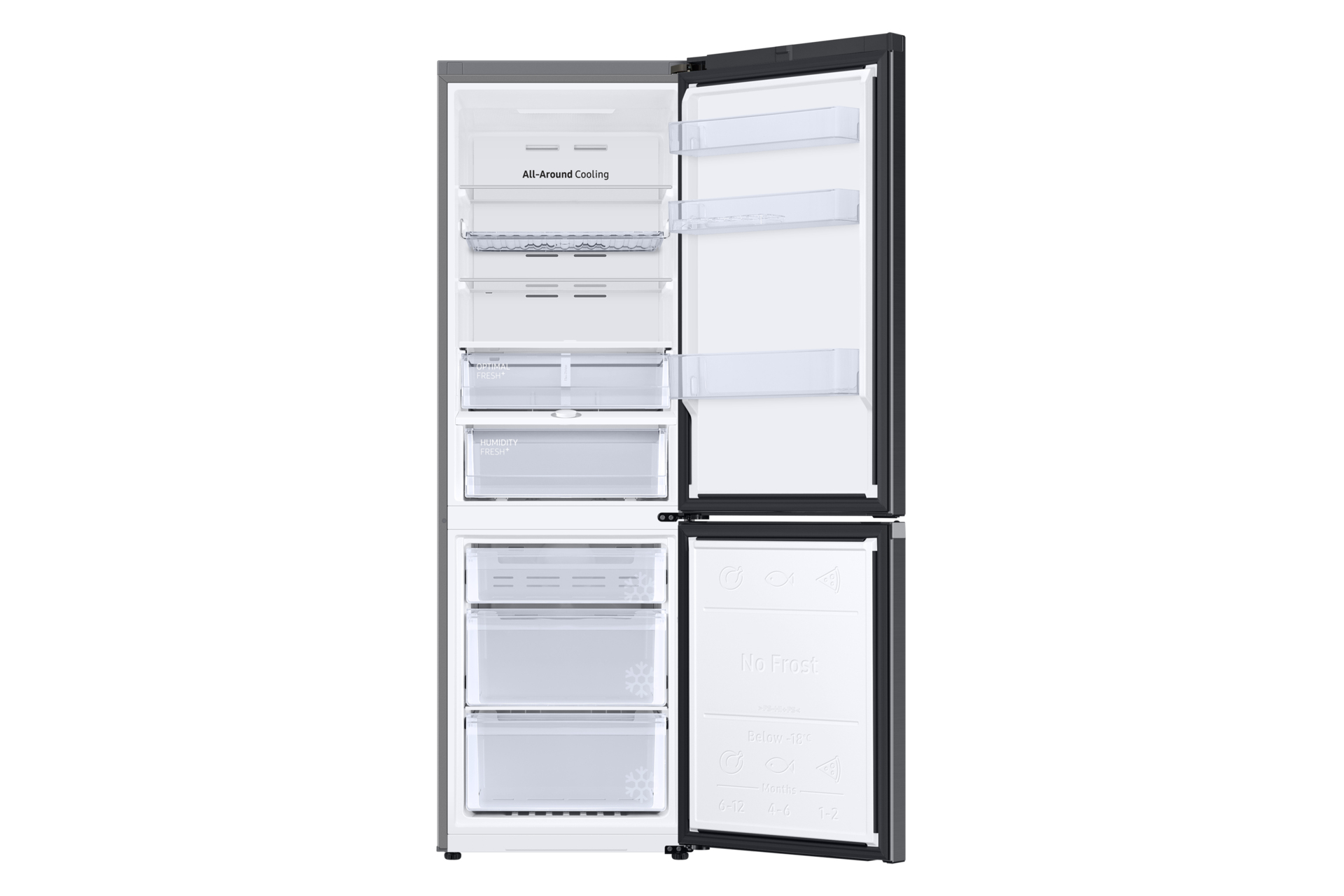 Geöffneter Kühlschrank aus Edelstahl mit mehreren Regalen, Schubladen und Fächern.