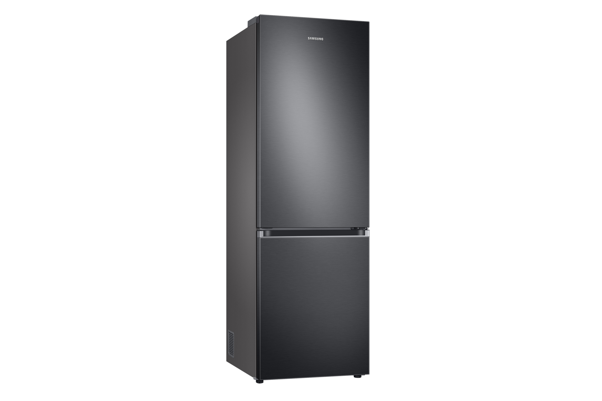 Schwarzer Kühlschrank, Gesamtansicht. Zwei Türen, mit Samsung Logo.