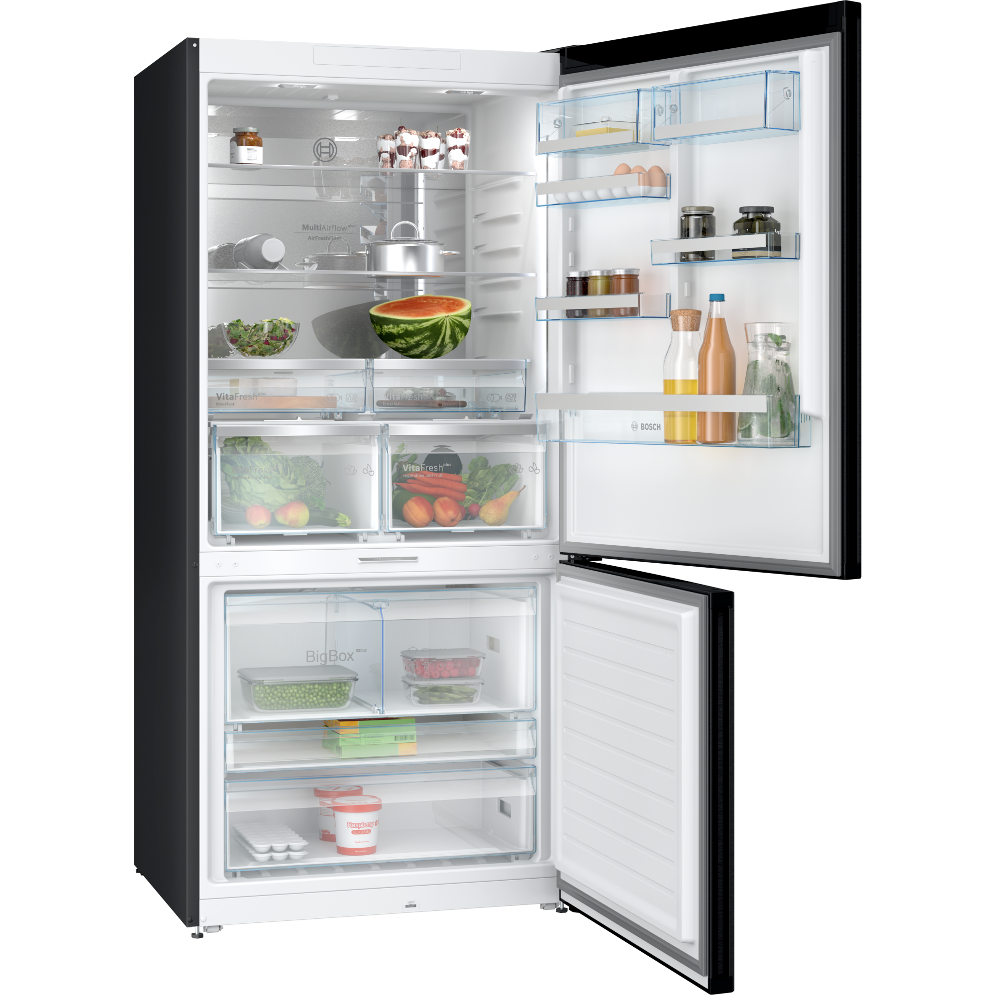 Refrigerador negro, abierto, lleno de alimentos. Estantes, cajones y contenido visibles.