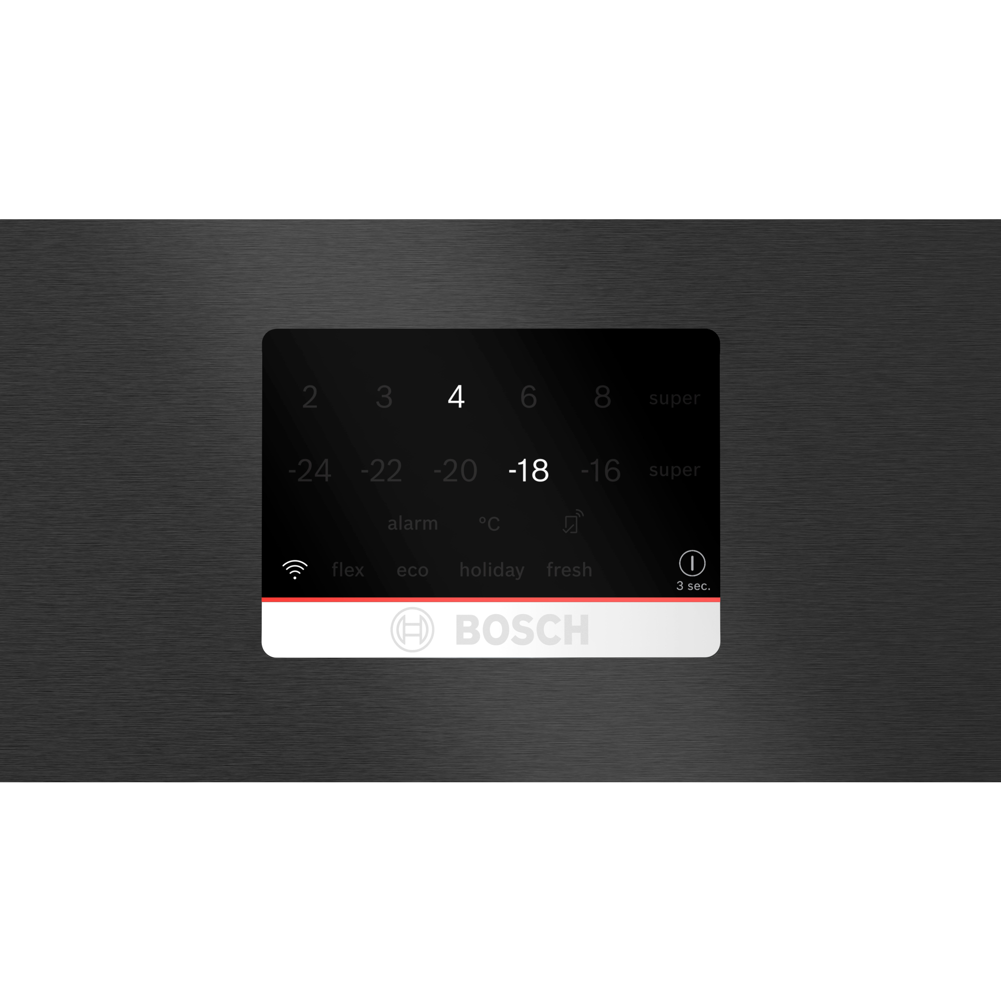 Primer plano del panel de control de un refrigerador negro con pantalla de temperatura e iconos táctiles.