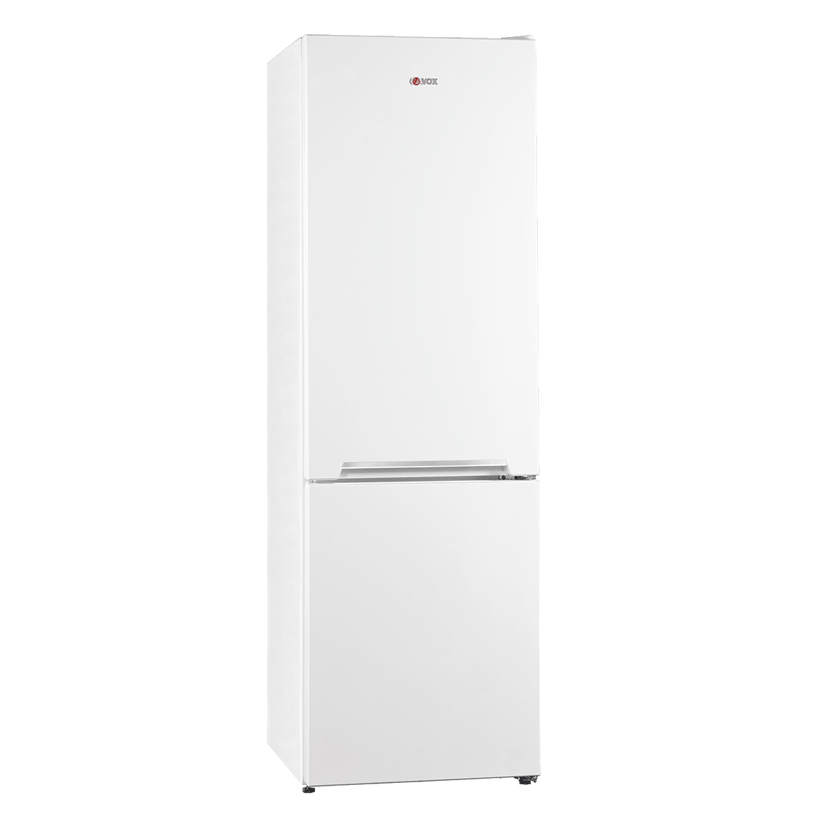 Biała lodówka z dwiema drzwiami. Górne drzwi mniejsze, z napisem VOX.