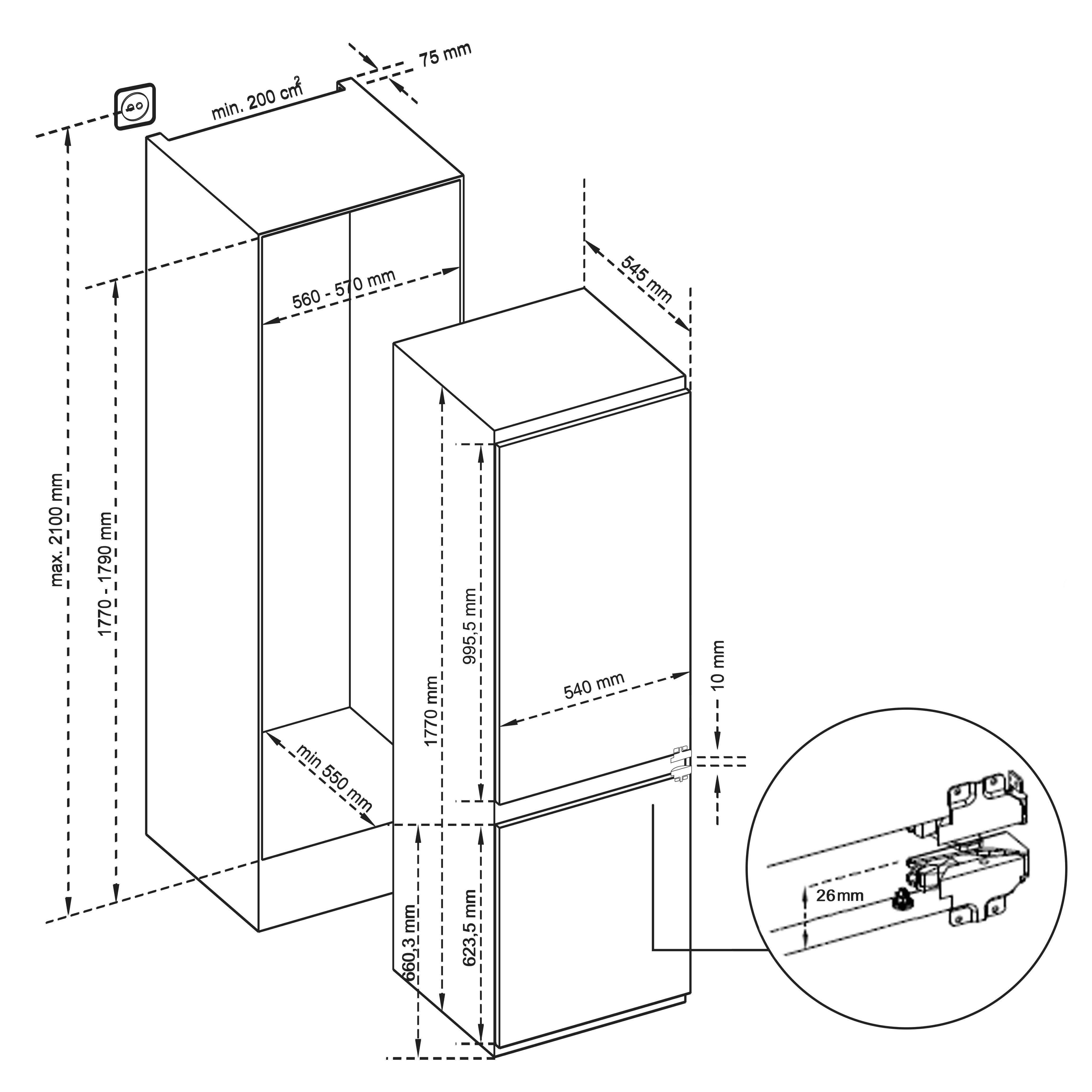 Technische tekening van een koelkast en vriezer met afmetingen en maten.
