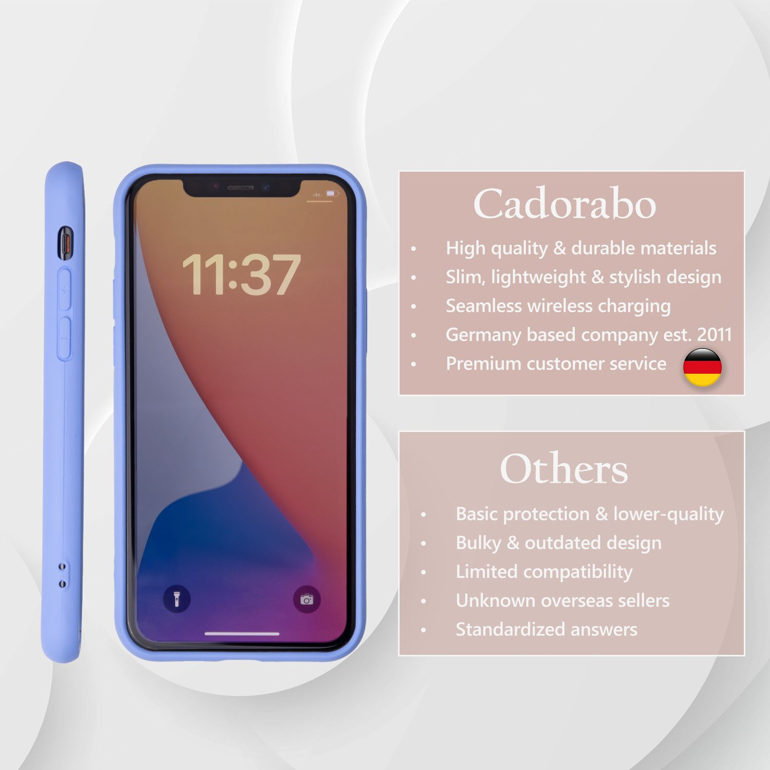 Blaue Handyhülle mit Telefon, das die Uhrzeit anzeigt, und eine Cadorabo-Karte, und weitere Details.