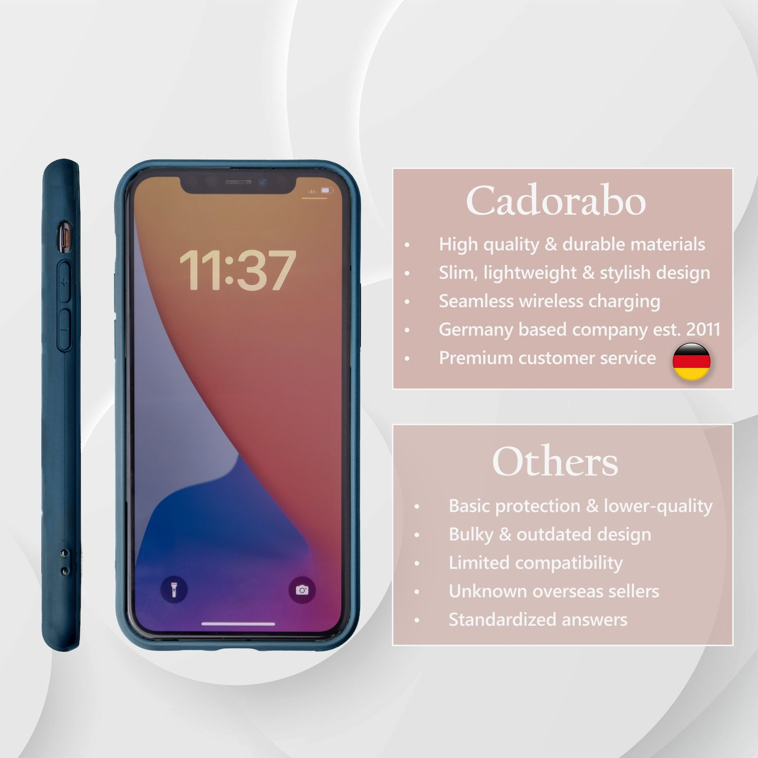 Ein Telefon in einer Hülle mit Textinformationen. Der Hintergrund ist weiß.