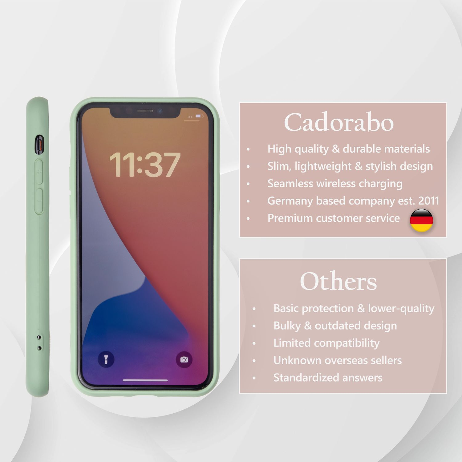Ein Telefon mit Schutzhülle, mit Schlüsselfunktionen.