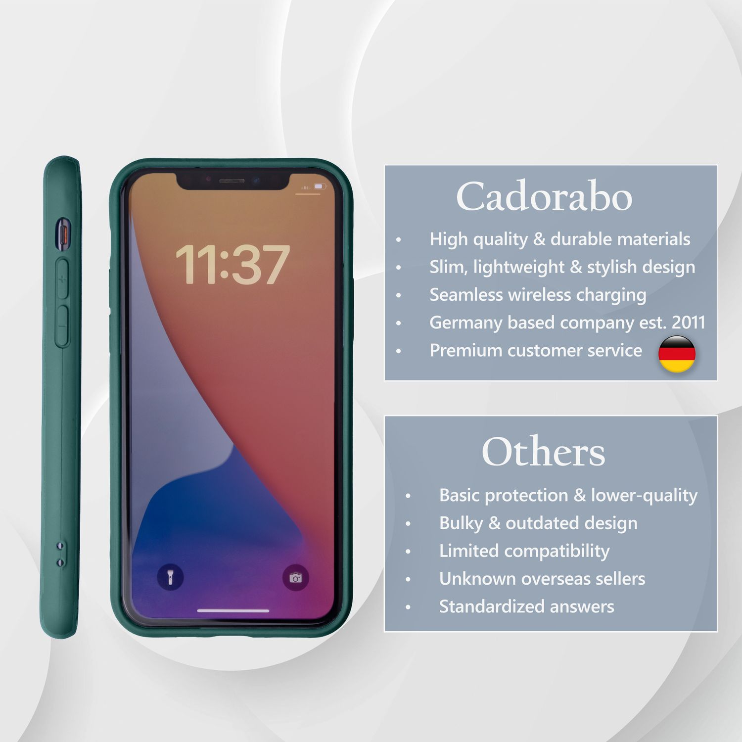 Ein Telefon mit grünem Gehäuse, eine Liste mit Funktionen und ein Logo.