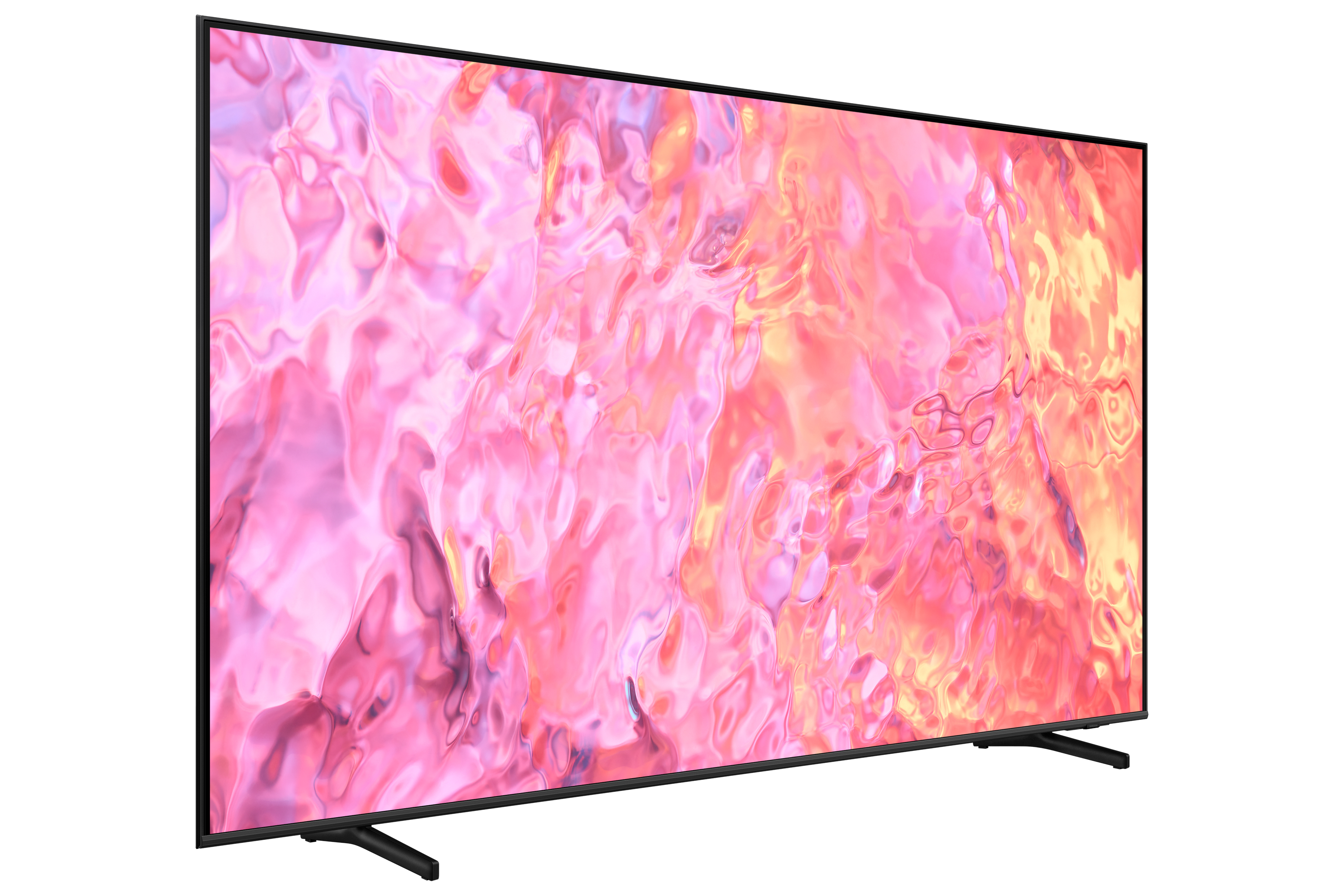 Duży, nowoczesny ekran telewizora, prezentujący abstrakcyjny obraz w kolorze różowym i białym.