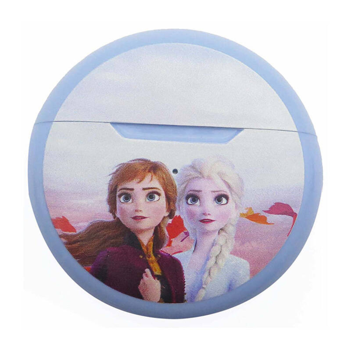 Una funda redonda azul claro con una imagen de Anna y Elsa de Frozen.