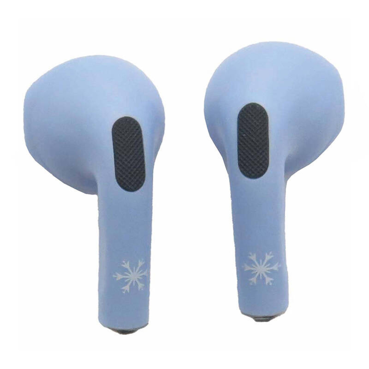 Dos auriculares AirPods celeste, con diseño de copo de nieve, sobre fondo blanco.