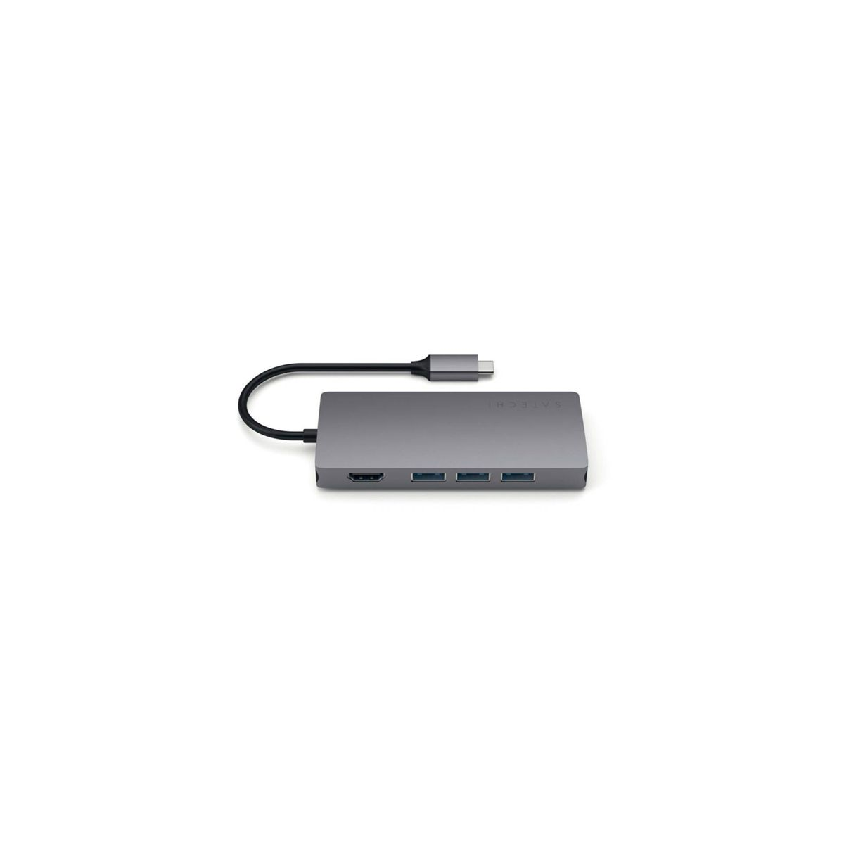 Ein grauer USB-C-Hub mit mehreren Anschlüssen und einem schwarzen Kabel.