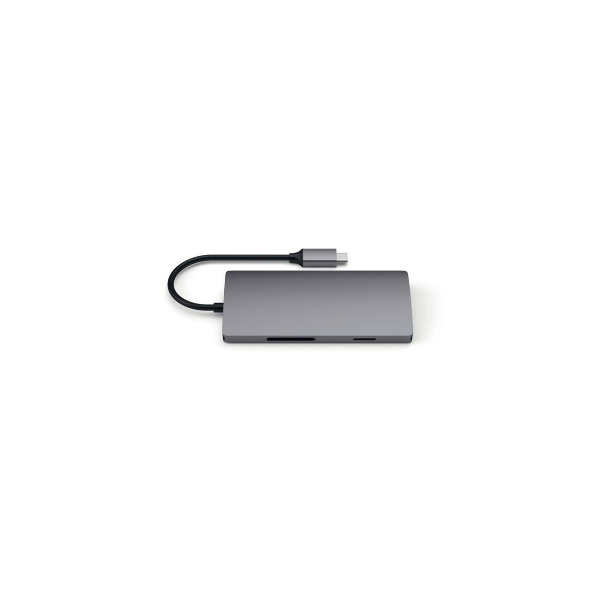 Grauer Hub mit Kabel, eingesteckt, auf Weiß.