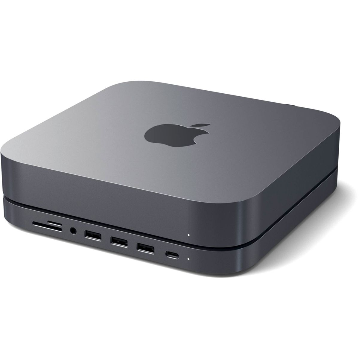 Ein dunkelgrauer Apple Mac Mini auf weißem Hintergrund, zeigt Anschlüsse und das Apple-Logo.