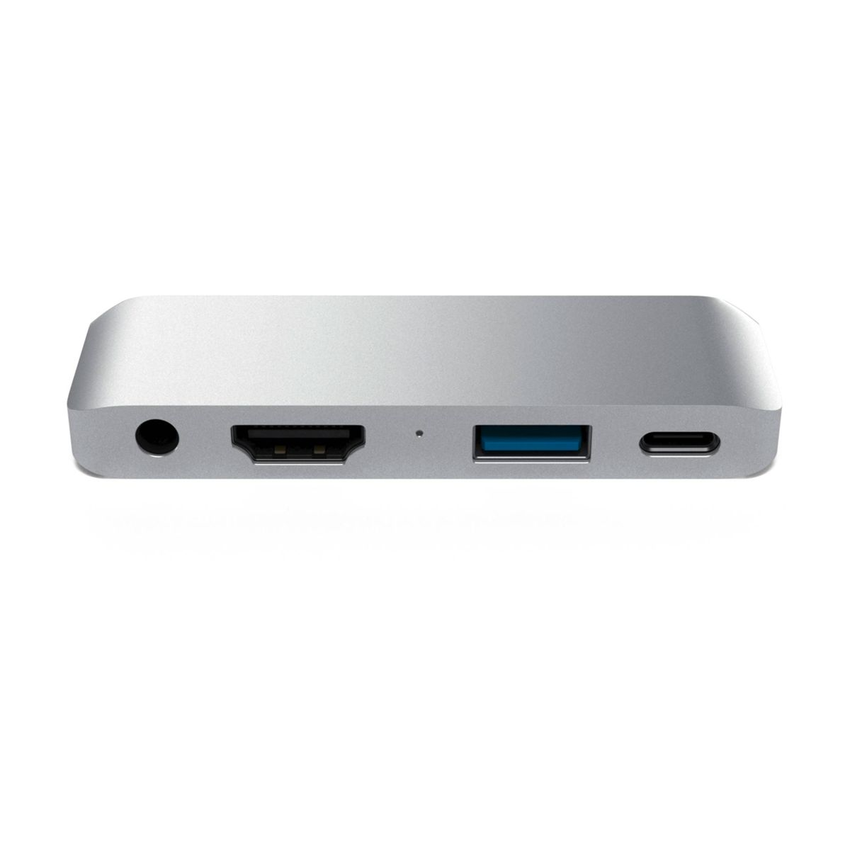 Ein silberner USB-Hub mit mehreren Anschlüssen: Audio, HDMI, USB und USB-C.