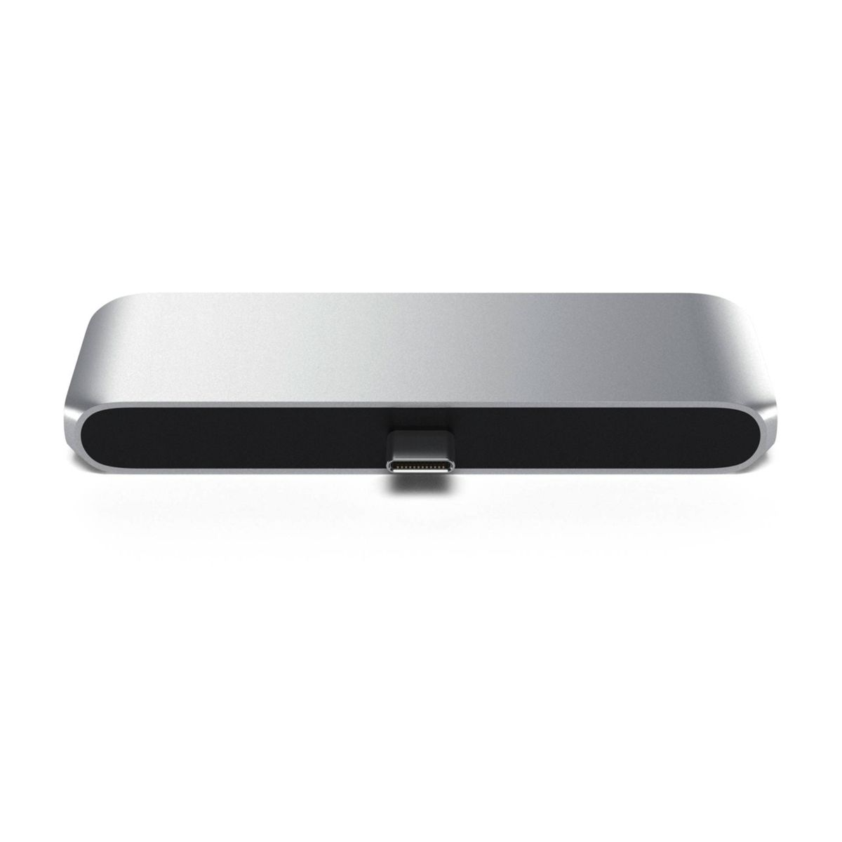 Ein silbernes Gerät mit USB-C-Anschluss und schwarzer Oberfläche. Es ist ein modernes, schlichtes Design.