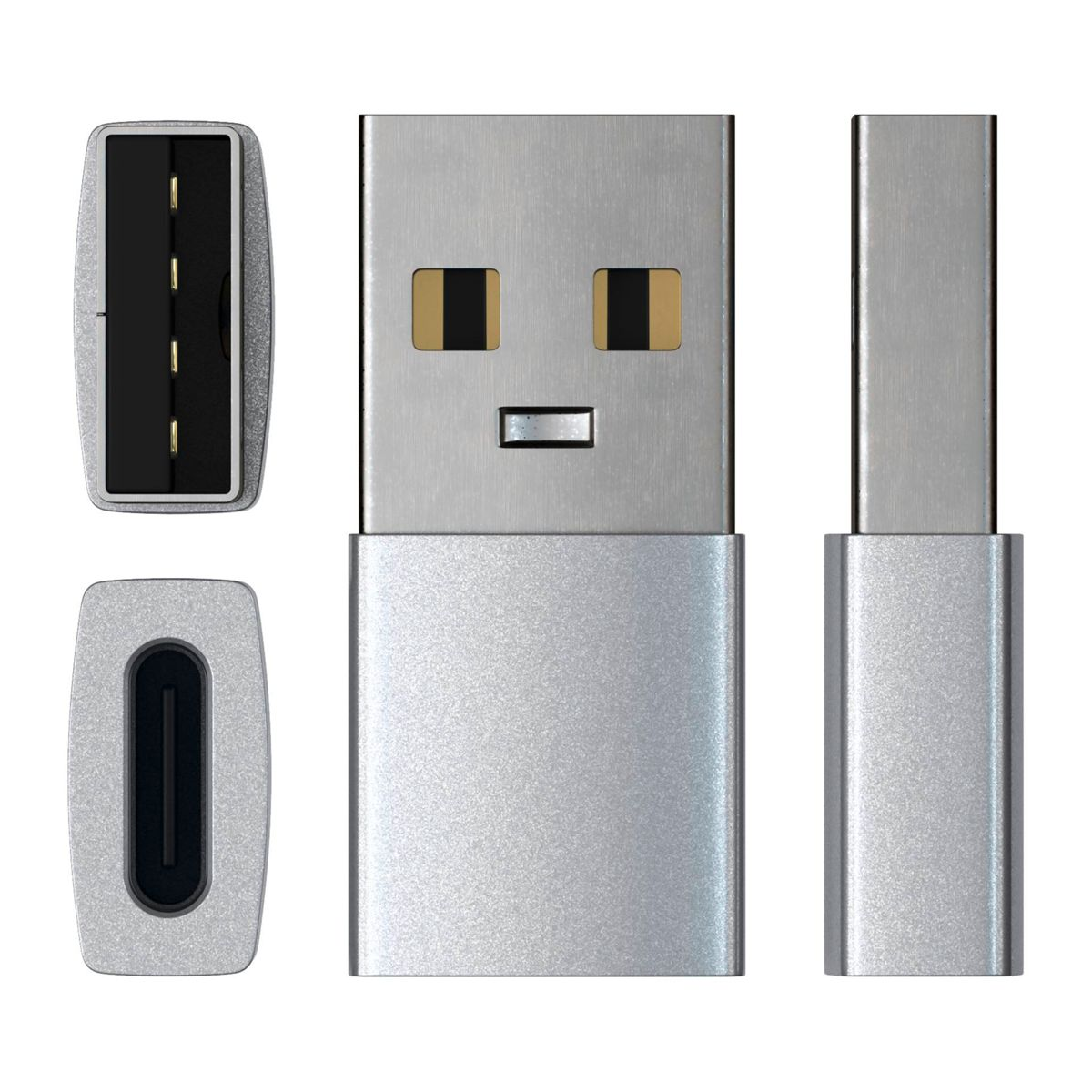 Ein silberner USB-C-Adapter mit mehreren Ansichten: oben, unten, Seite und vorne.