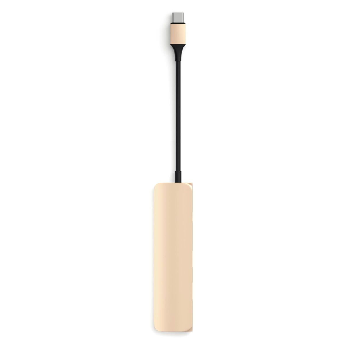 Un adattatore da USB-C a USB con cavo nero e corpo beige.