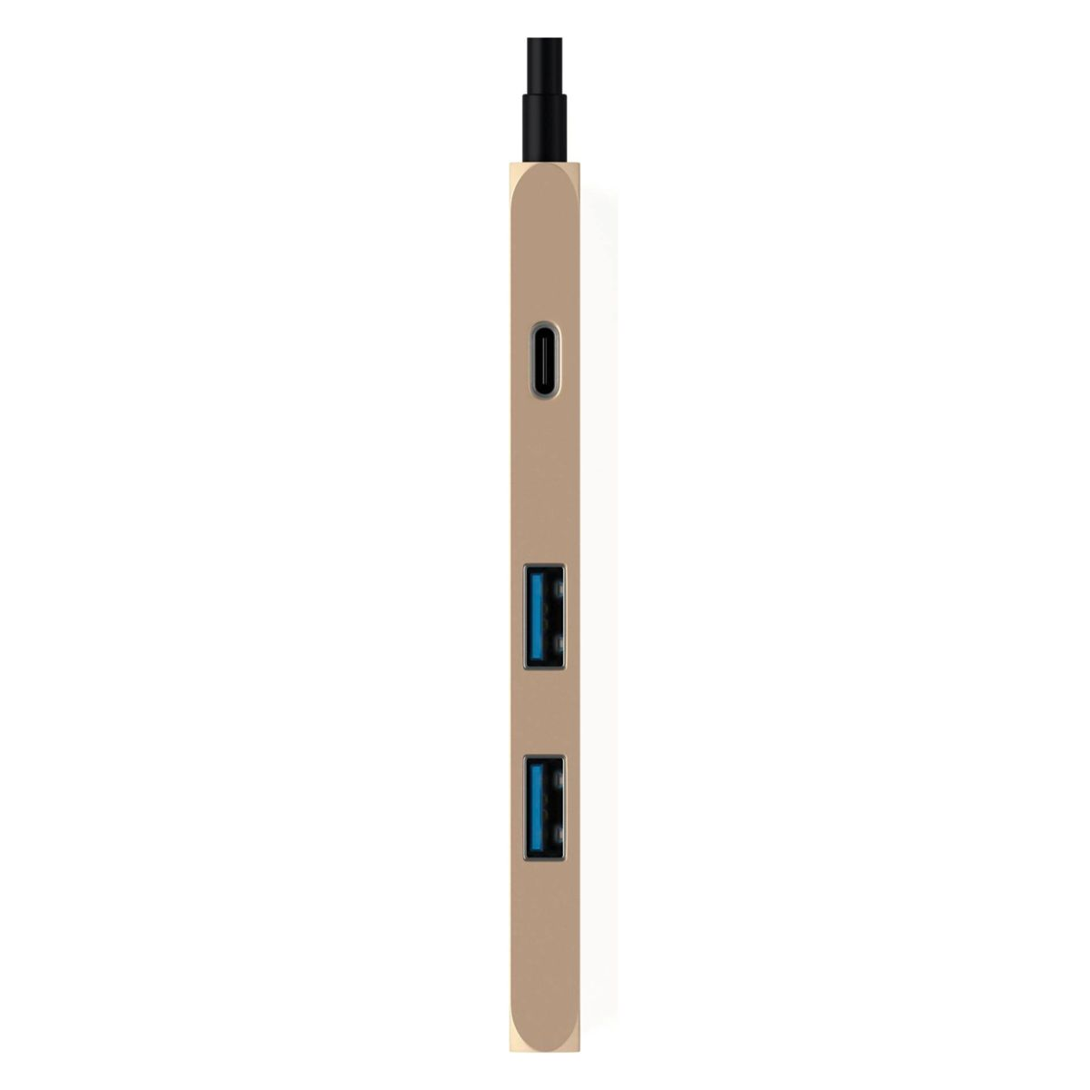 Un hub USB color oro con una porta USB-C e due porte USB-A su sfondo bianco.