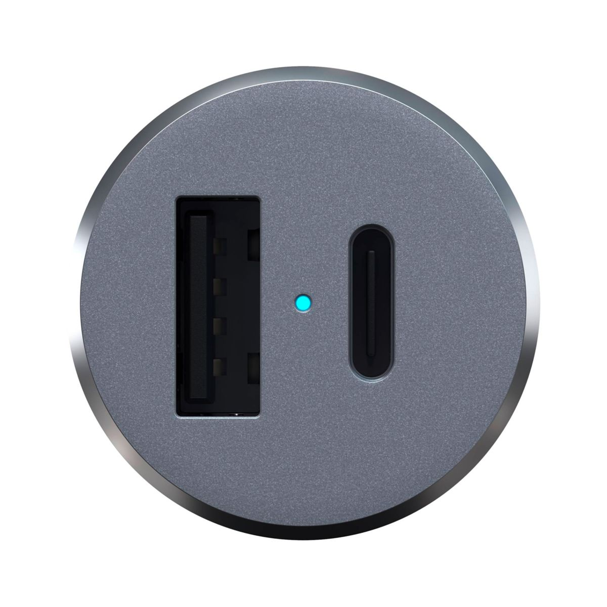 Ein graues USB-C-Ladegerät mit USB-Anschluss, und USB-C-Anschluss mit blauer Lichtanzeige.