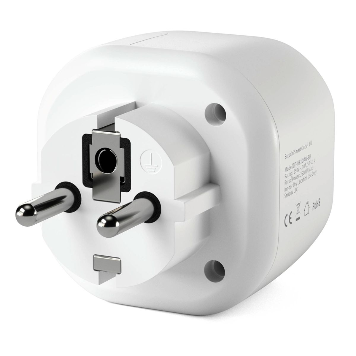 Weißer Smart-Stecker mit drei Stiften.